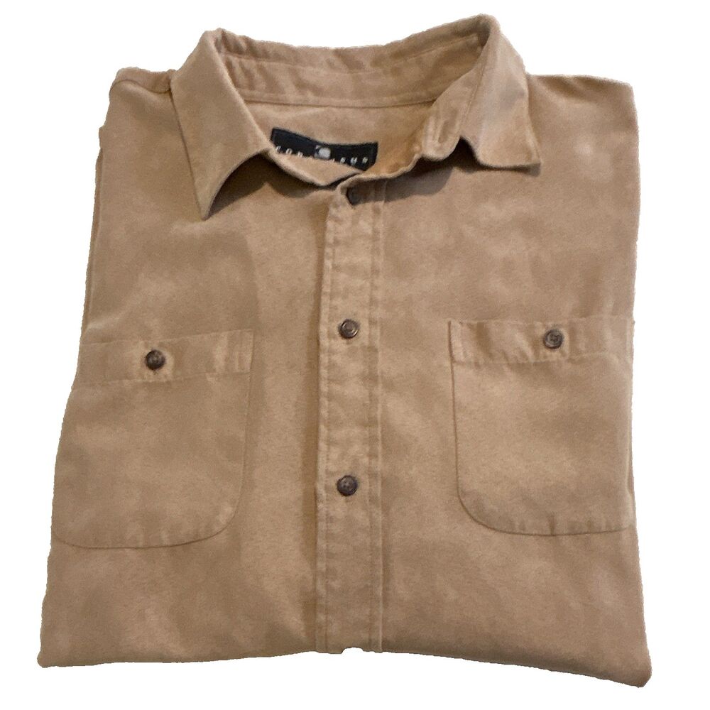 Consensus Sportswear Mens L Faux Suede Button Up Shirt Long Sleeve Brown / Tan
